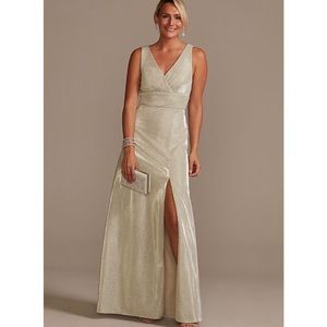 Oleg Cassini Metallic A-Line Tank Gown With Slit Skirt Champagne Size 14